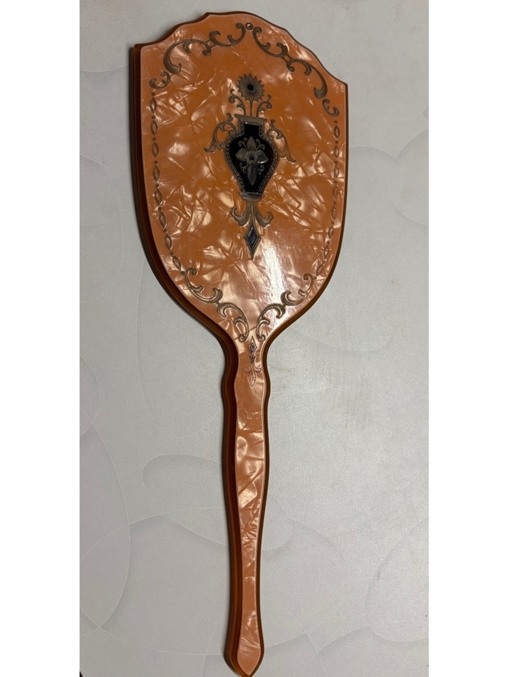 Vintage Handheld Decorative Vanity Celluloid Mirror with Ornate Inlay Design